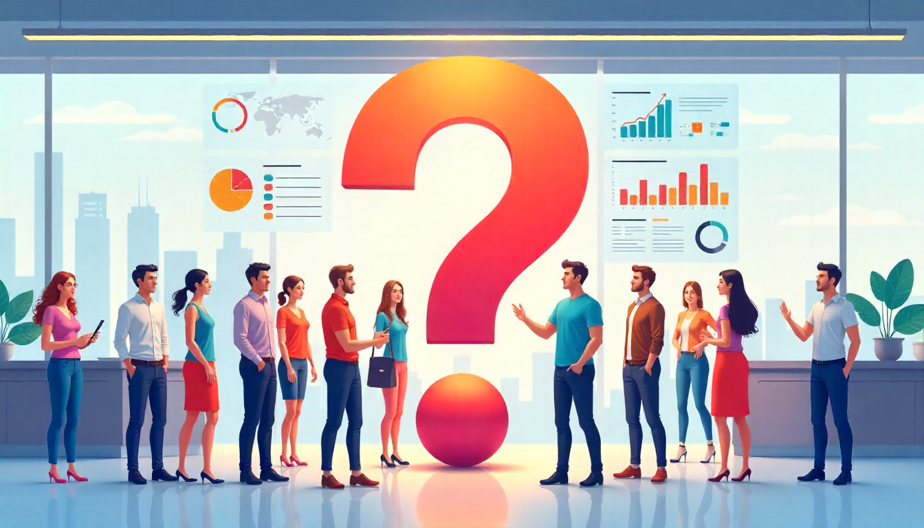 Vibrant vector illustration of a diverse team collaborating and finding answers.