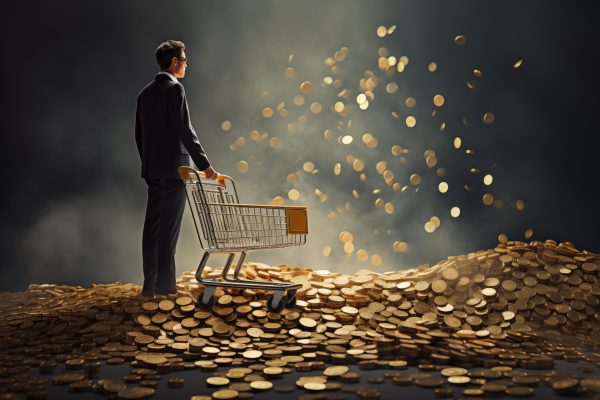 man standing and holding a business card and making a shopping cart out of coins, in the style of precisionism influence, piles/stacks --ar 29:19