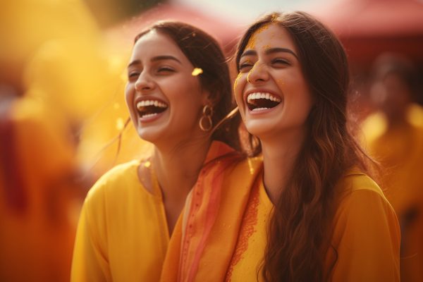 two woman celebrating vaisakhi, smile, happy, cinematic aesthetic, long shot, sigma 105mm f/1.4 dg hsm art, uhd image, 8k resolution, soft-focus technique --ar 7:5 --v 5.2 Job ID: a6606043-f1ee-4377-9046-7f497f2df4c1